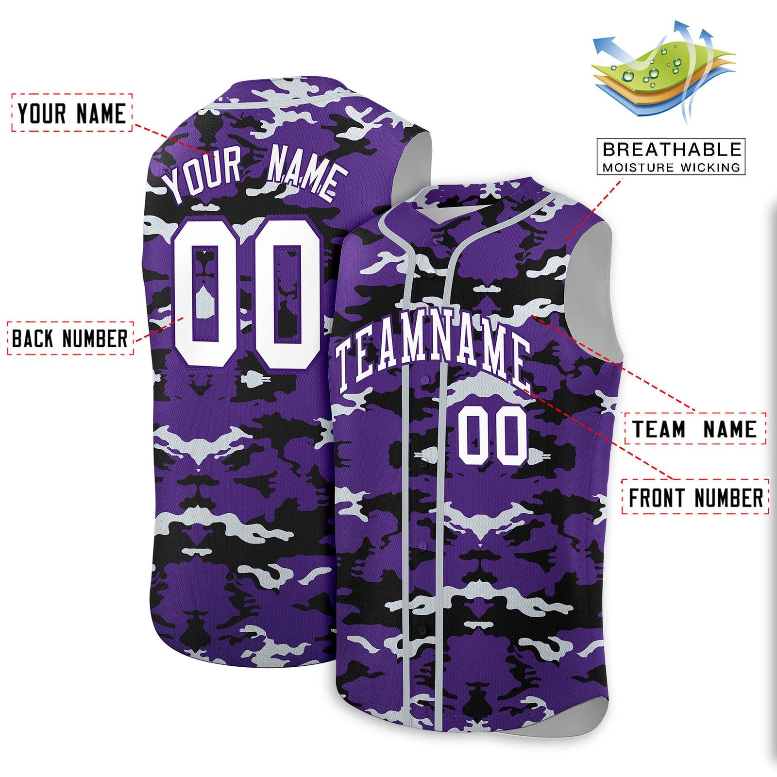 Custom Purple Black and Silver Camo Fashion Authentic Sleeveless Baseball Jersey