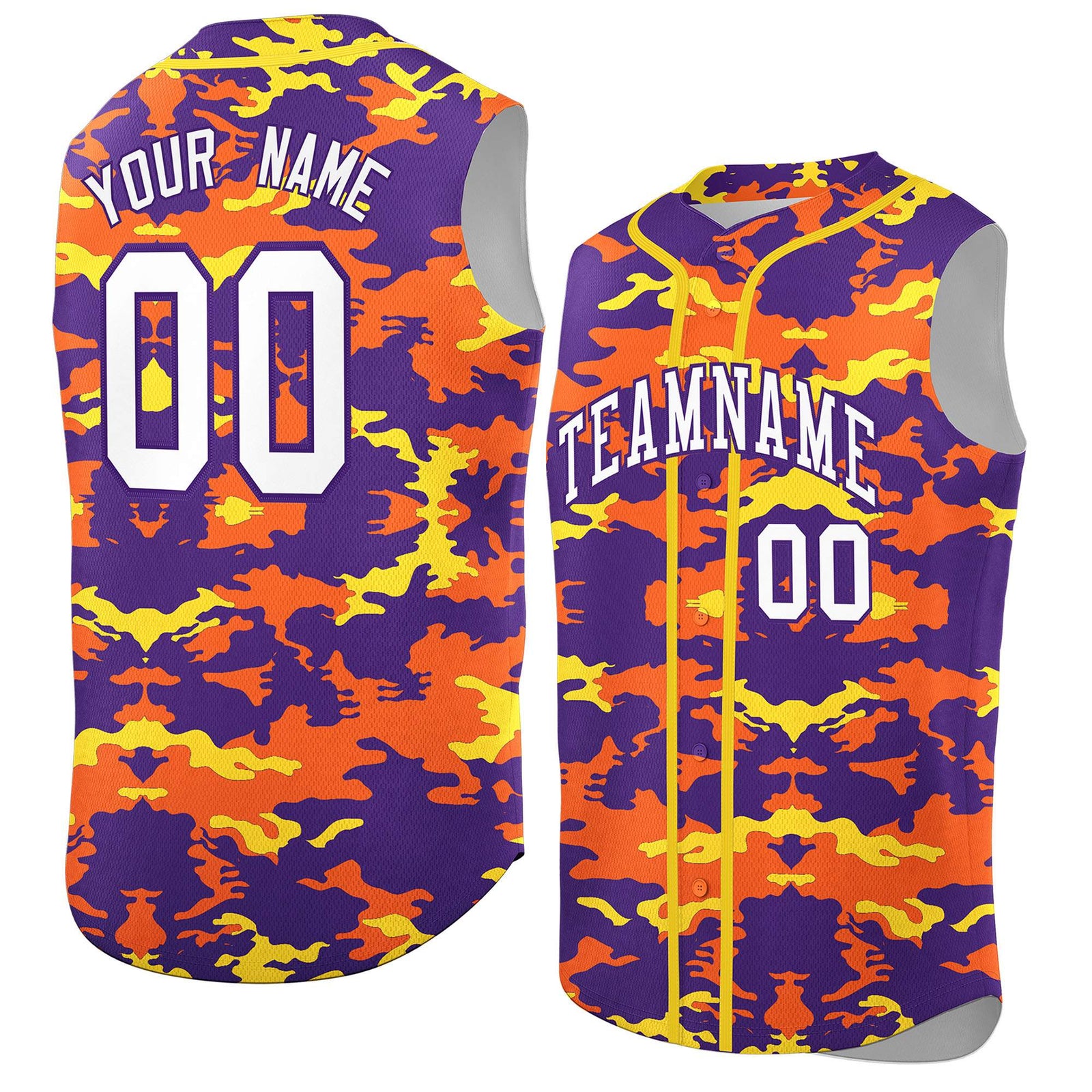 Custom Purple Orange and Gold Camo Fashion Authentic Sleeveless Baseball Jersey