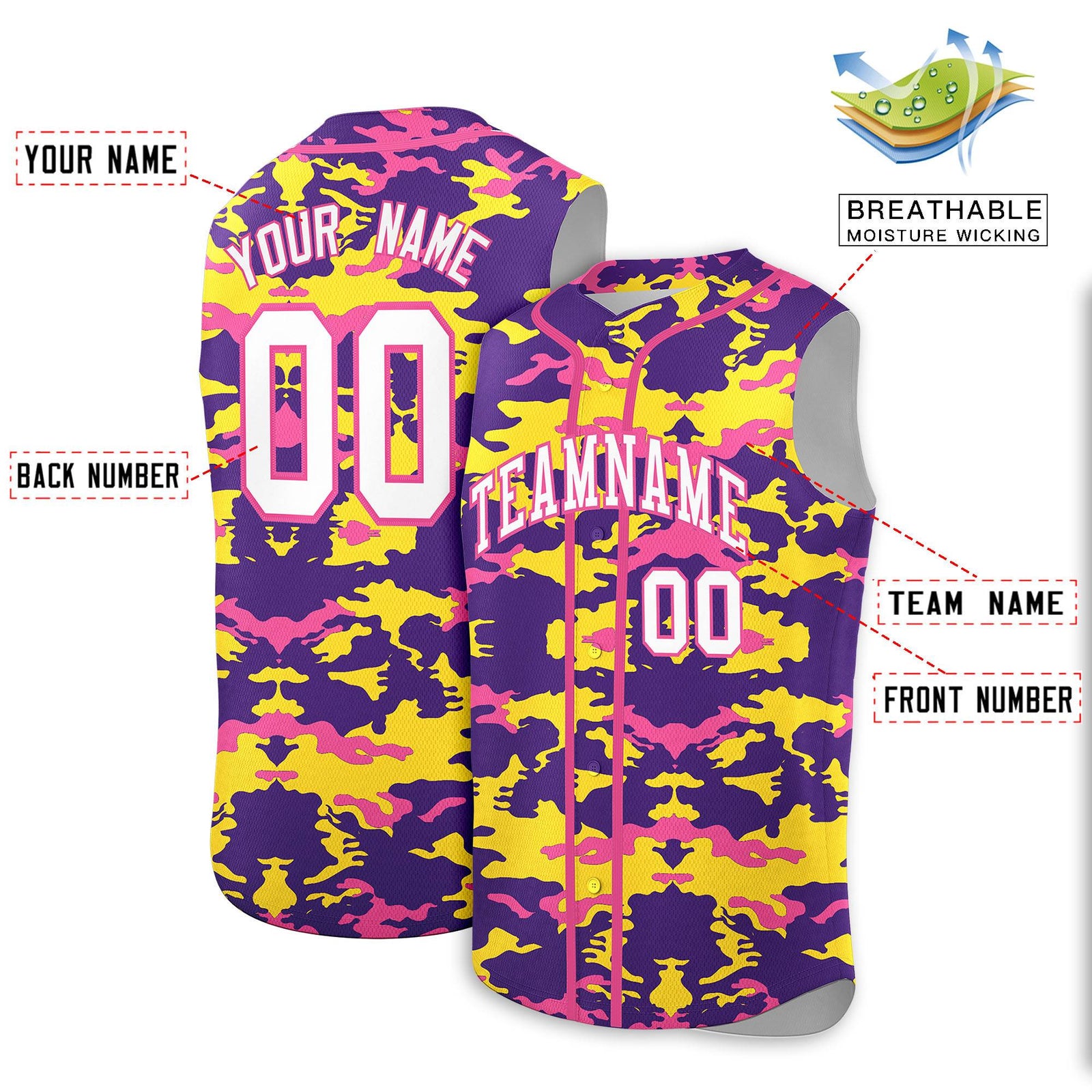 Custom Purple Gold and Pink Camo Fashion Authentic Sleeveless Baseball Jersey