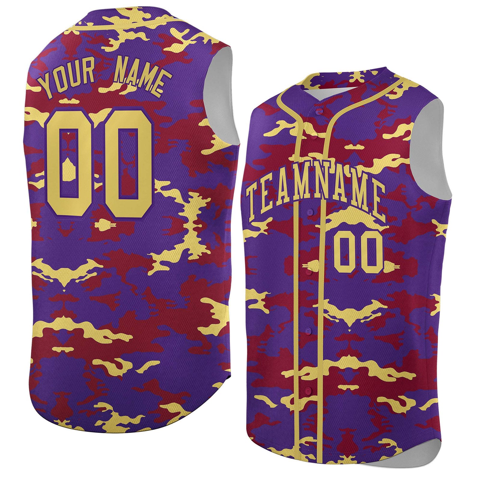 Custom Purple Crimson and Old Gold Camo Fashion Authentic Sleeveless Baseball Jersey
