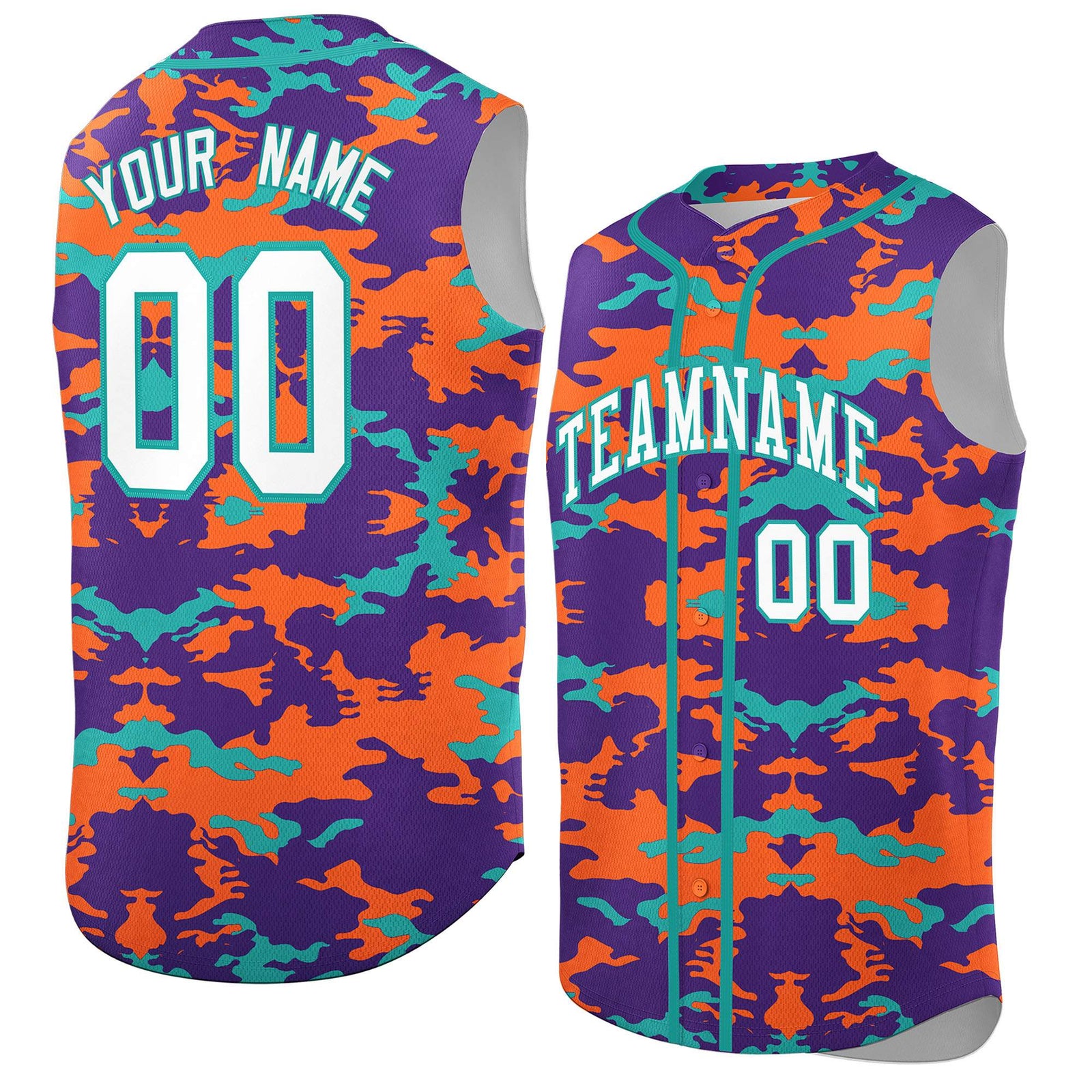 Custom Purple Orange and Aqua Camo Fashion Authentic Sleeveless Baseball Jersey