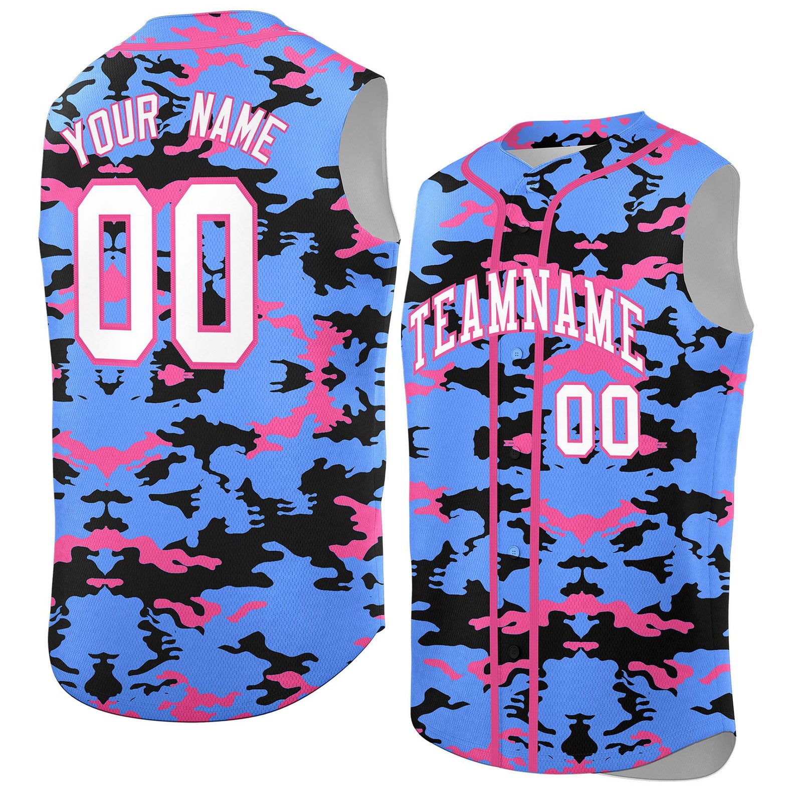 Custom Powder Blue Black and Pink Camo Fashion Authentic Sleeveless Baseball Jersey