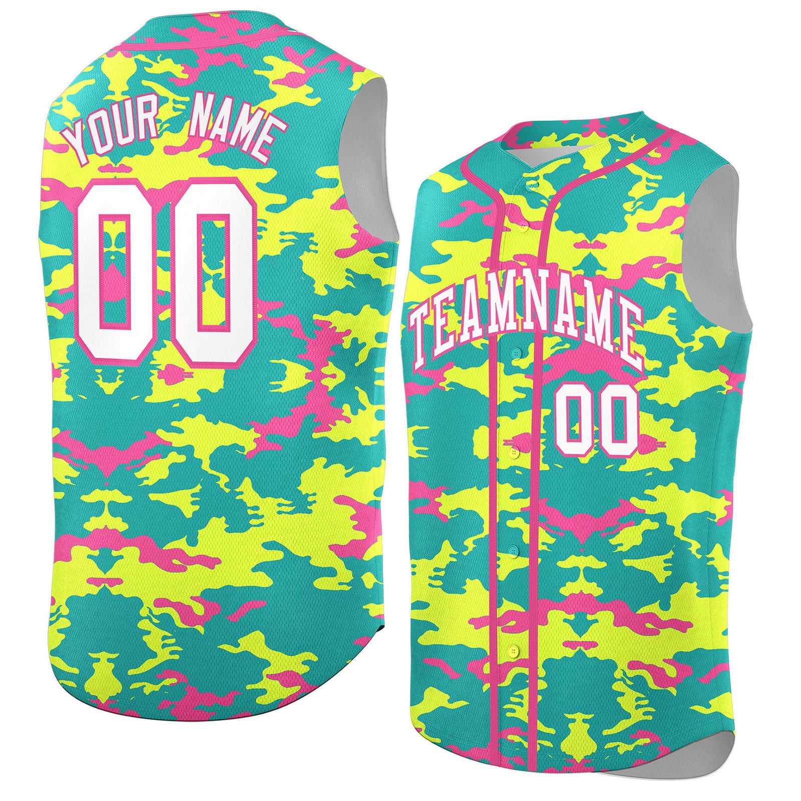 Custom Bright Green Fluorescent Green and Pink Camo Fashion Authentic Sleeveless Baseball Jersey