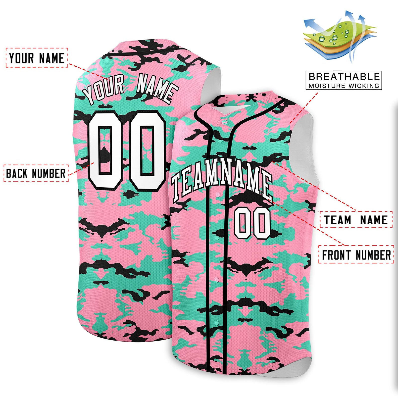 Custom Light Pink Bright Green and Black Camo Fashion Authentic Sleeveless Baseball Jersey