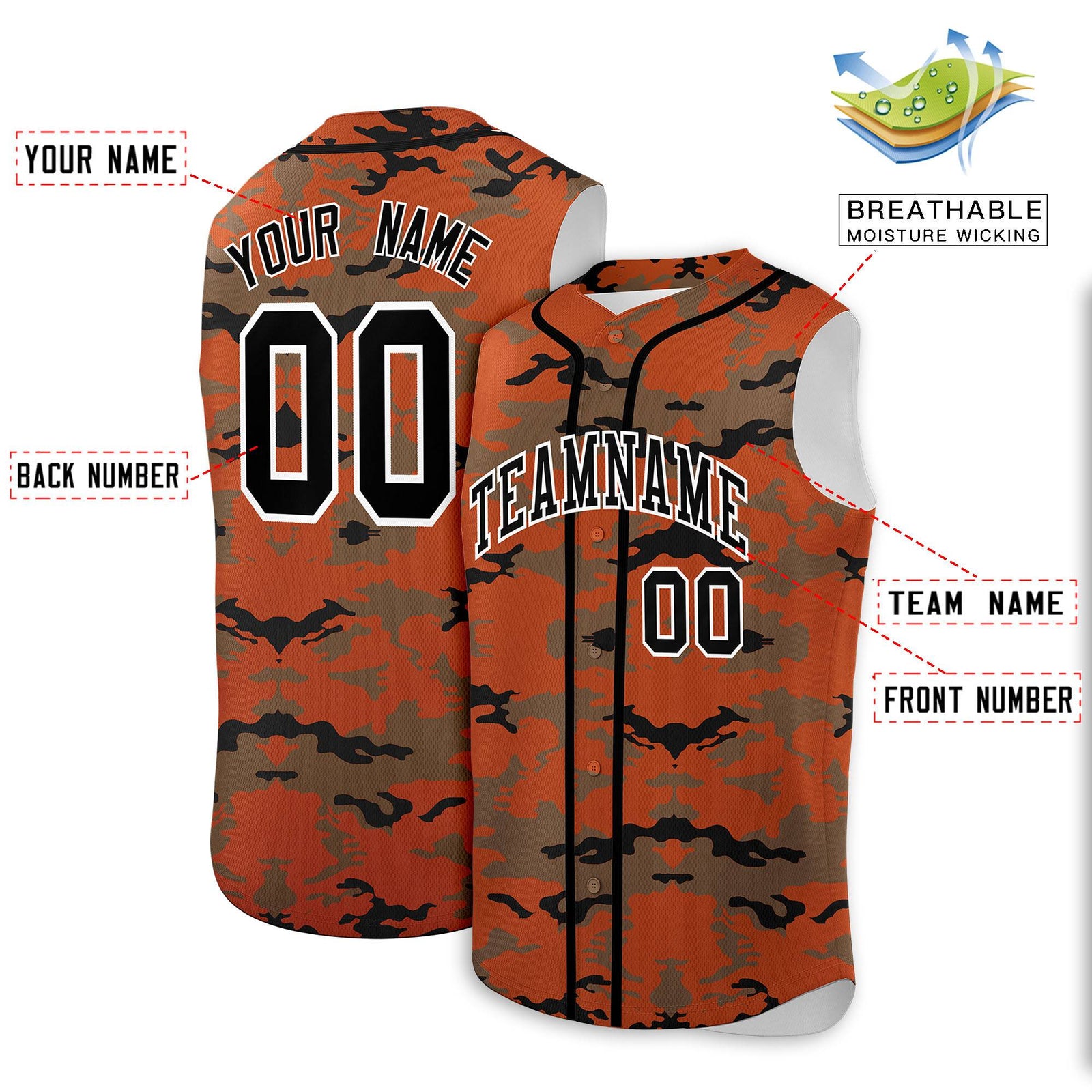 Custom Texas Orange Light Brown and Black Camo Fashion Authentic Sleeveless Baseball Jersey