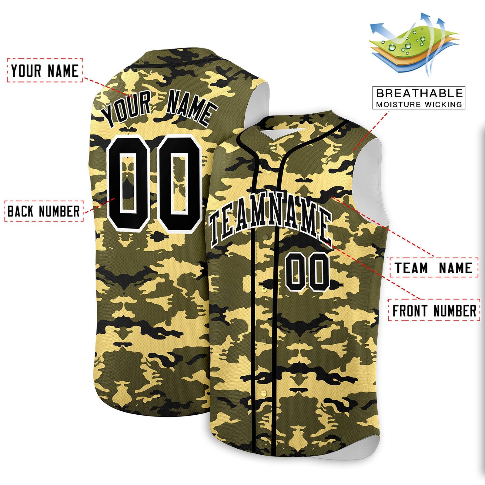 Custom Olive Khaki and Black Camo Fashion Authentic Sleeveless Baseball Jersey
