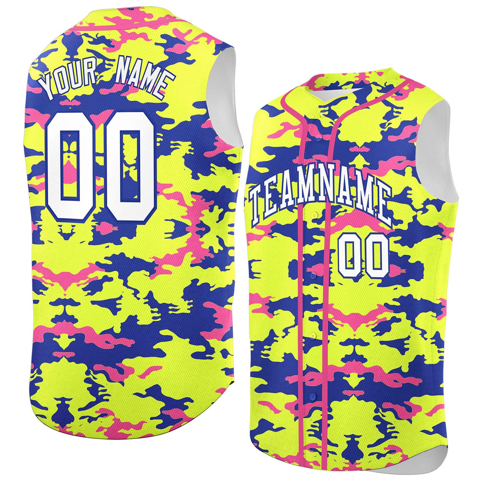 Custom Fluorescent Green Royal and Pink Camo Fashion Authentic Sleeveless Baseball Jersey