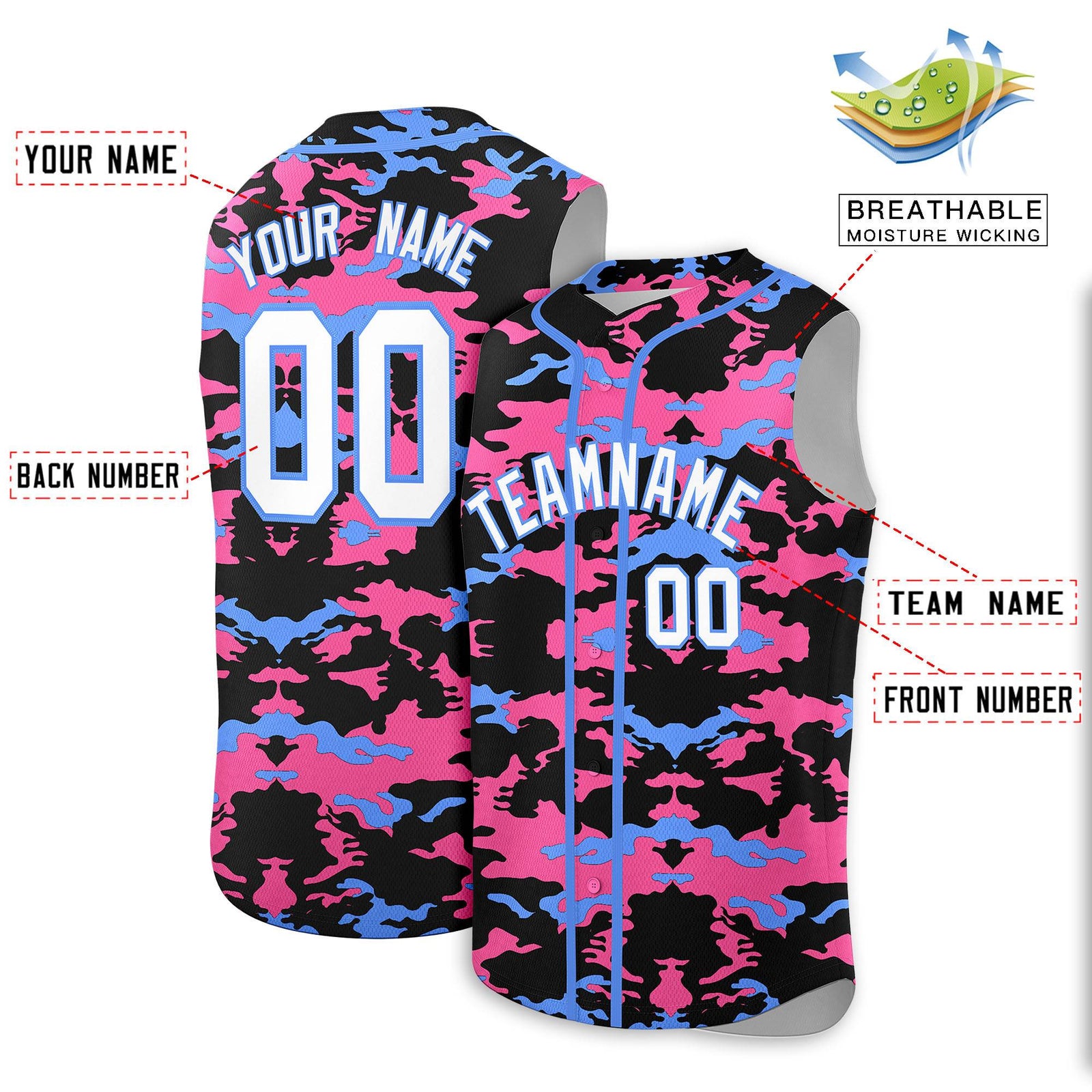 Custom Black Pink and Powder Blue Camo Fashion Authentic Sleeveless Baseball Jersey
