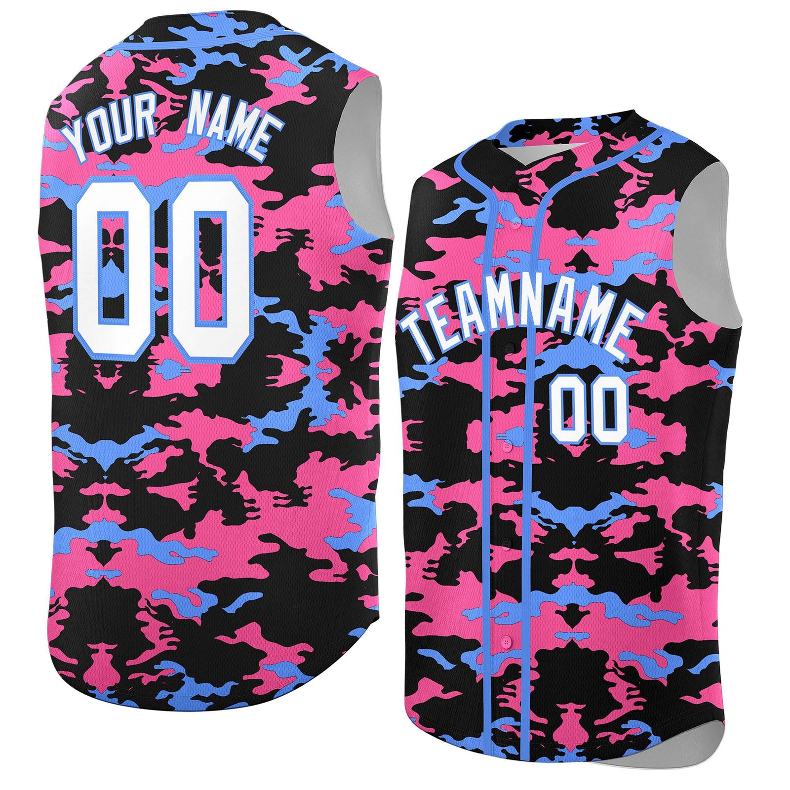 Custom Black Pink and Powder Blue Camo Fashion Authentic Sleeveless Baseball Jersey