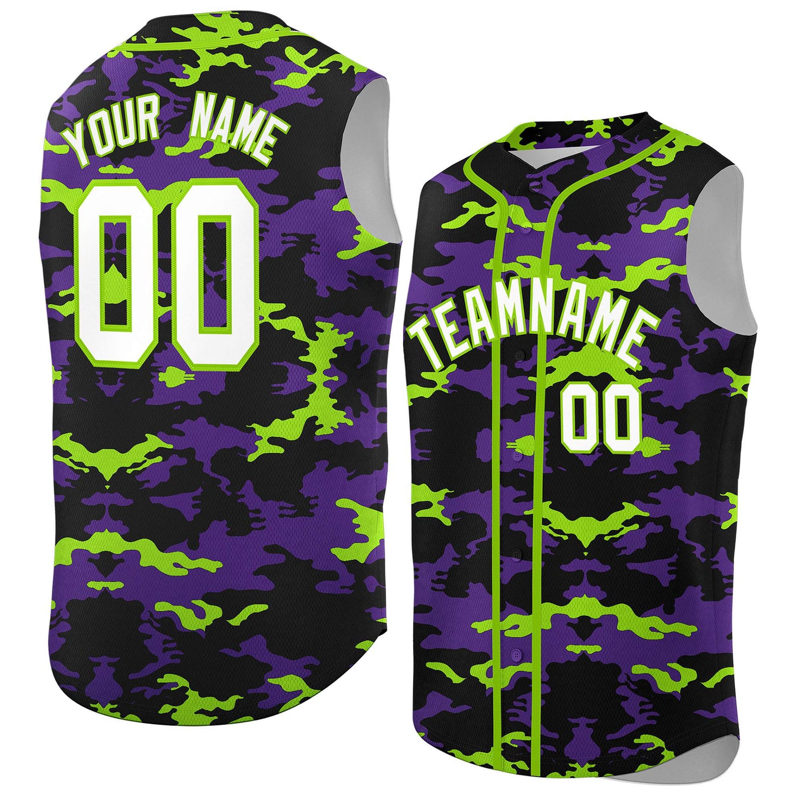 Custom Black Purple and Neon Green Camo Fashion Authentic Sleeveless Baseball Jersey