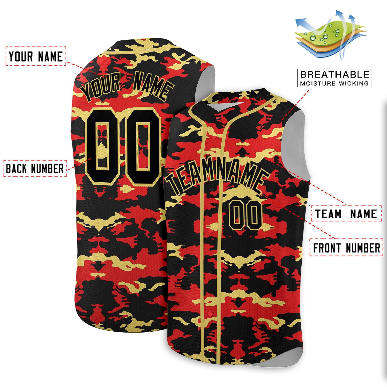 Custom Black Red and Old Gold Camo Fashion Authentic Sleeveless Baseball Jersey