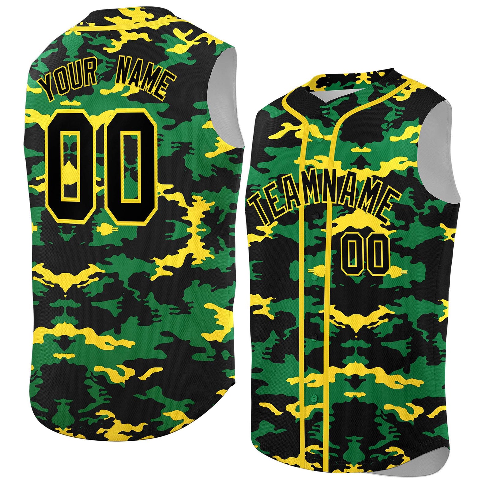 Custom Black Kelly Green and Gold Camo Fashion Authentic Sleeveless Baseball Jersey