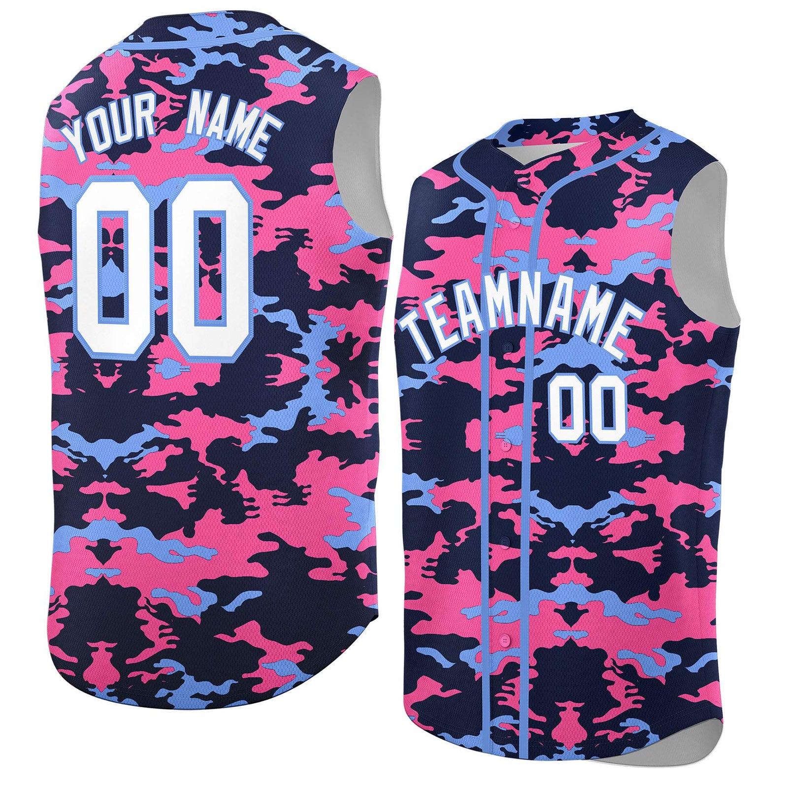 Custom Navy Pink and Powder Blue Camo Fashion Authentic Sleeveless Baseball Jersey