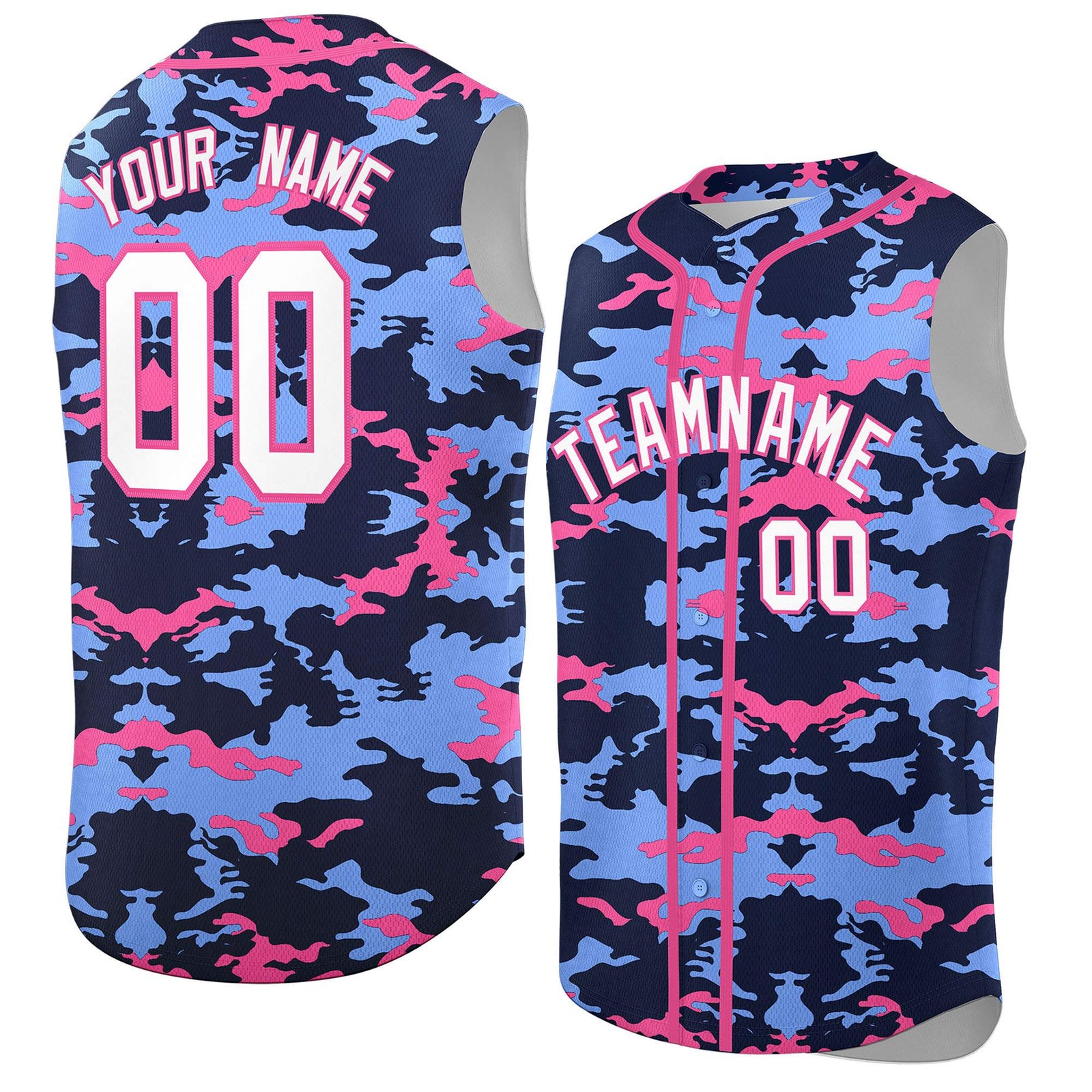Custom Navy Light Blue and Pink Camo Fashion Authentic Sleeveless Baseball Jersey