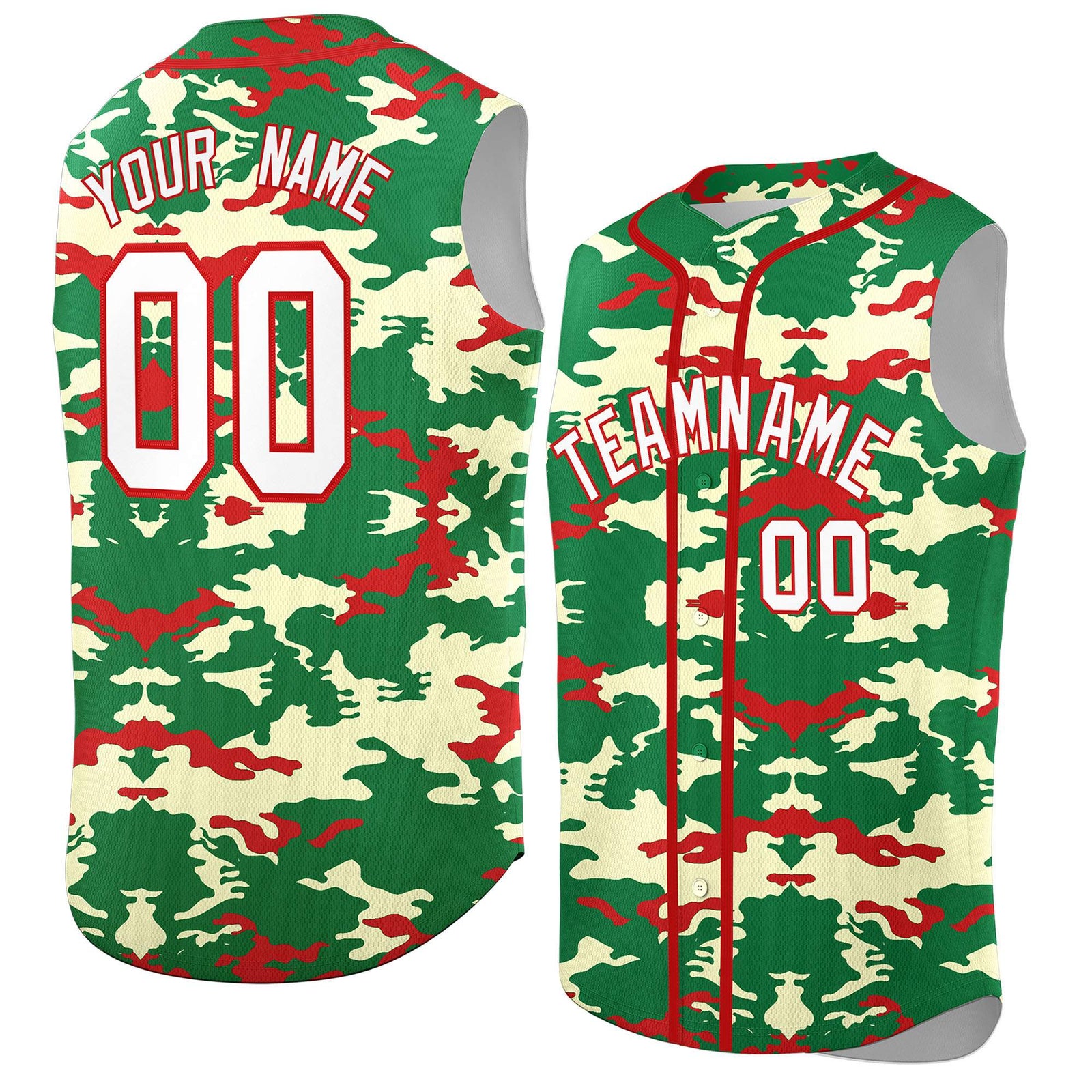 Custom Kelly Green Red Camo Fashion Authentic Sleeveless Baseball Jersey