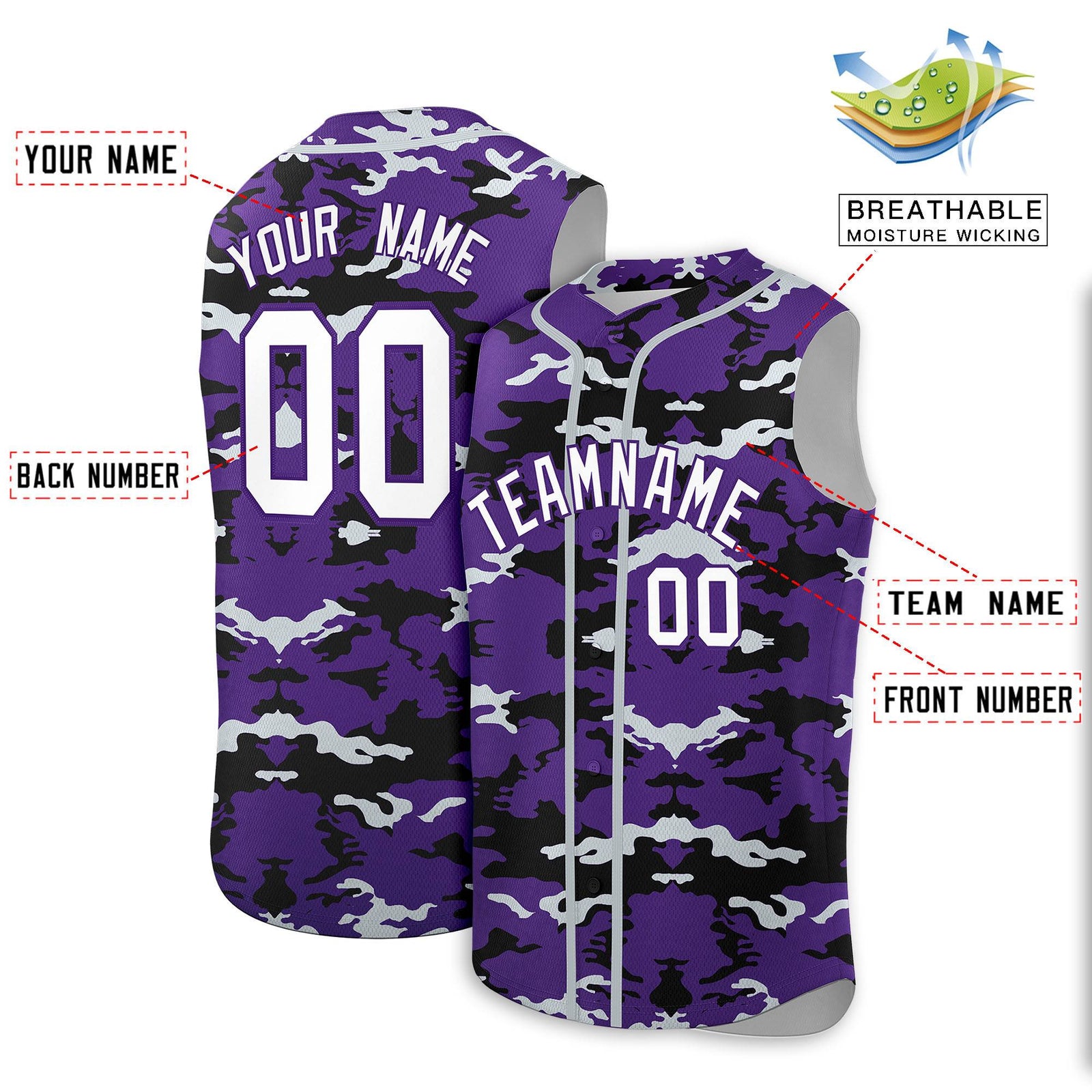 Custom Purple Black and Silver Camo Fashion Authentic Sleeveless Baseball Jersey