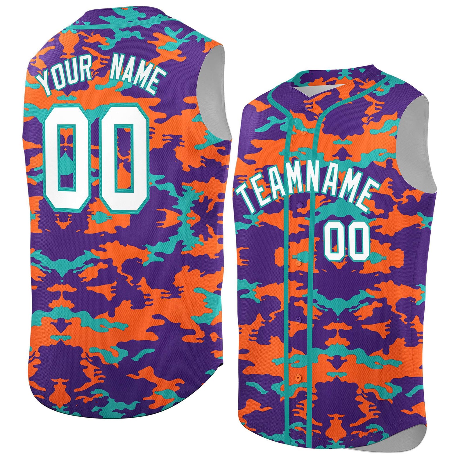 Custom Purple Orange and Aqua Camo Fashion Authentic Sleeveless Baseball Jersey