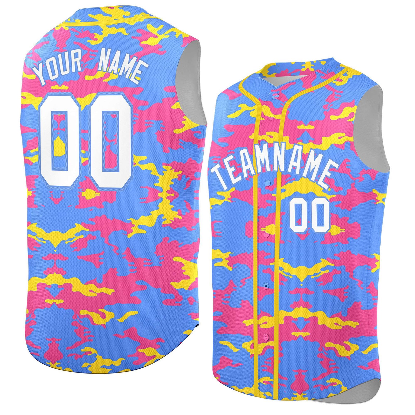 Custom Powder Blue Pink and Gold Camo Fashion Authentic Sleeveless Baseball Jersey