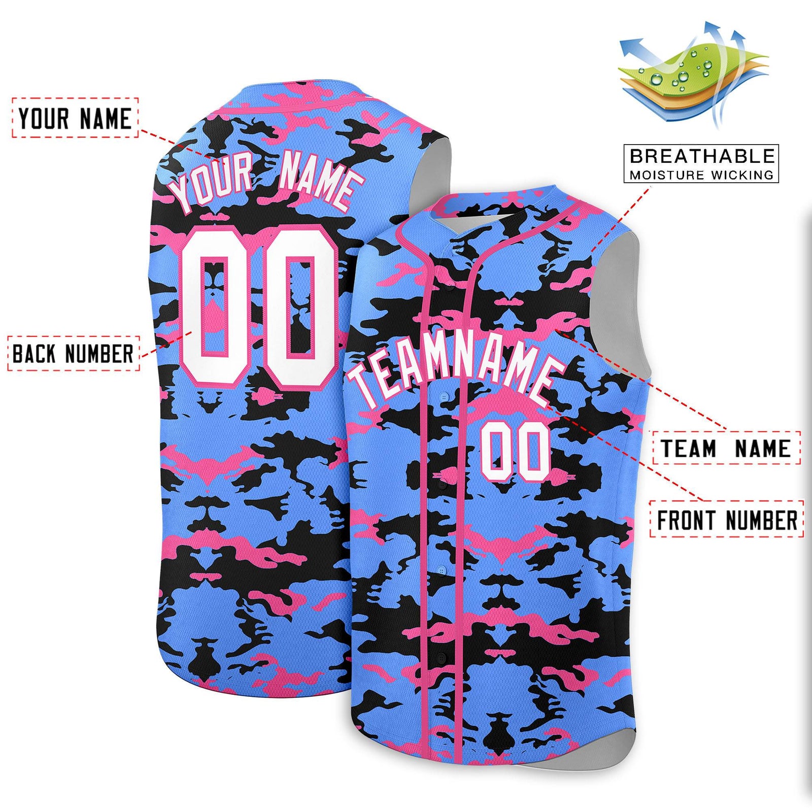 Custom Powder Blue Black and Pink Camo Fashion Authentic Sleeveless Baseball Jersey