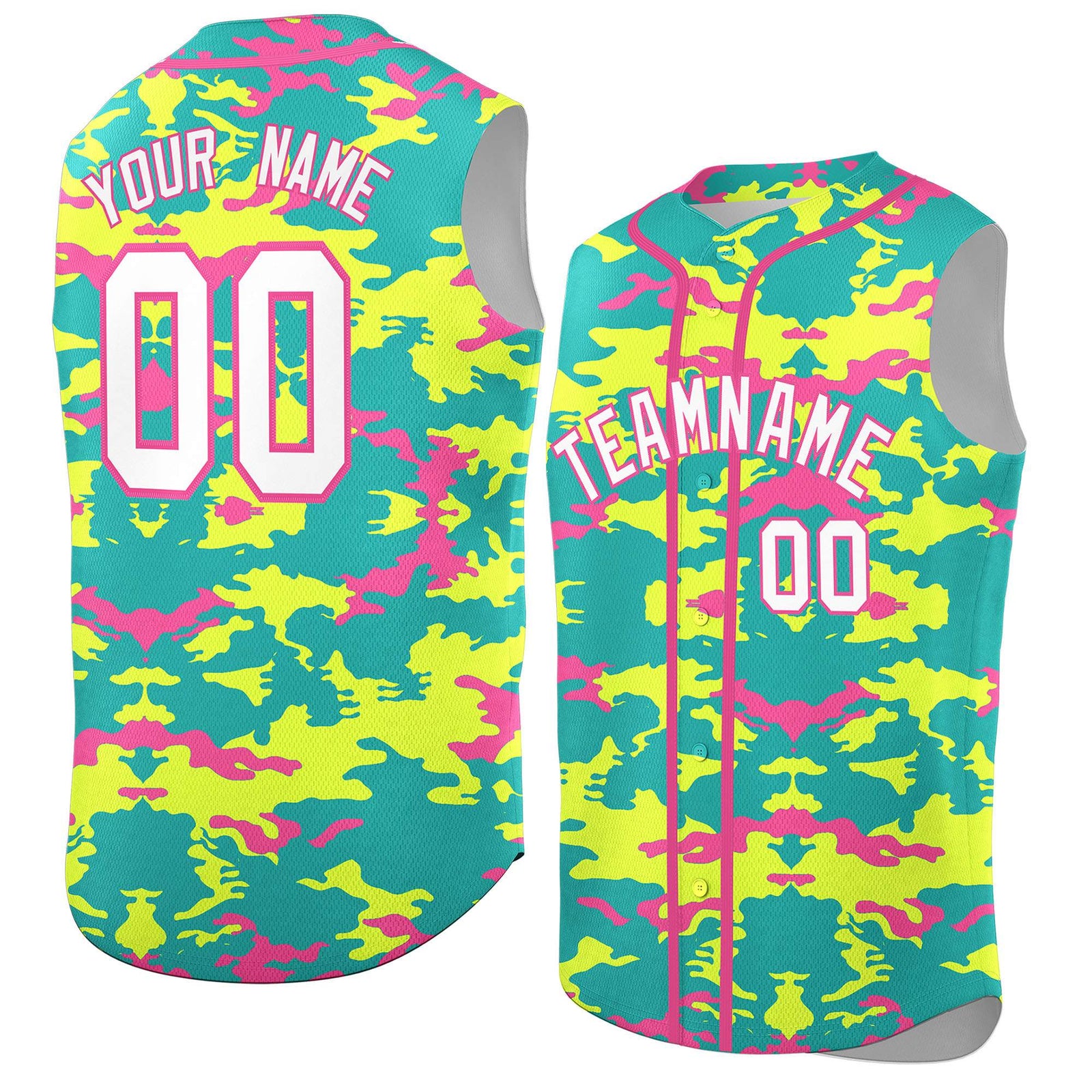 Custom Bright Green Fluorescent Green and Pink Camo Fashion Authentic Sleeveless Baseball Jersey