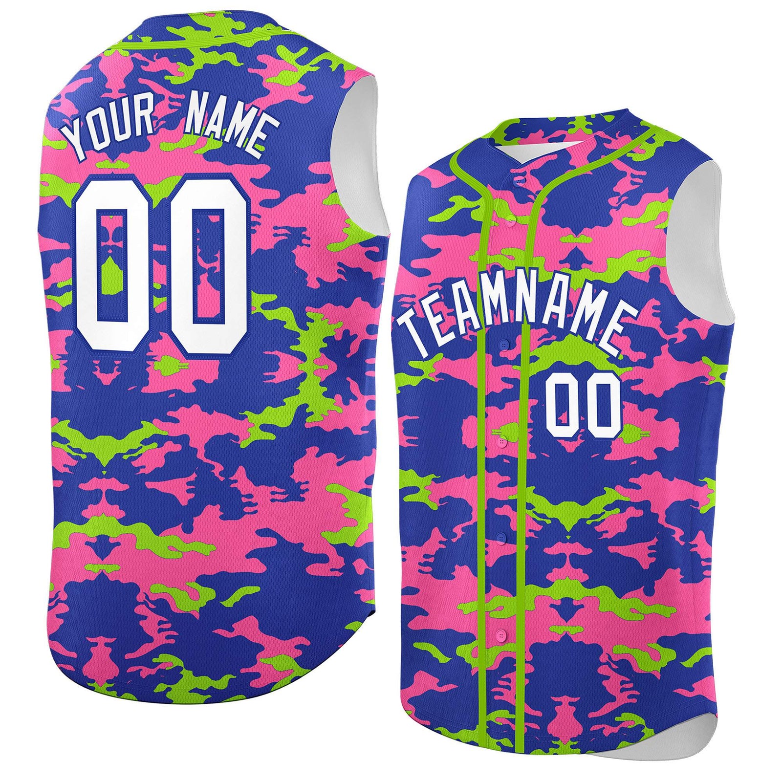 Custom Royal Pink and Neon Green Camo Fashion Authentic Sleeveless Baseball Jersey