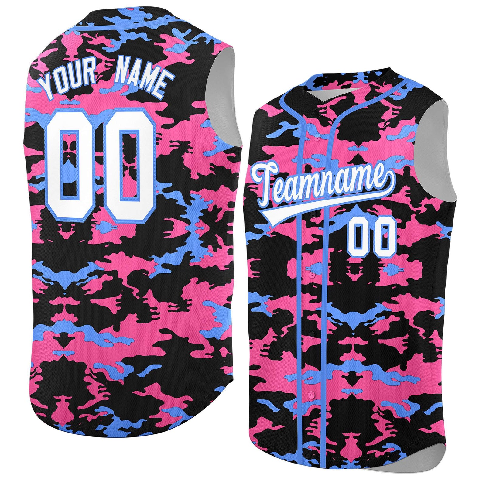 Custom Black Pink and Powder Blue Camo Fashion Authentic Sleeveless Baseball Jersey