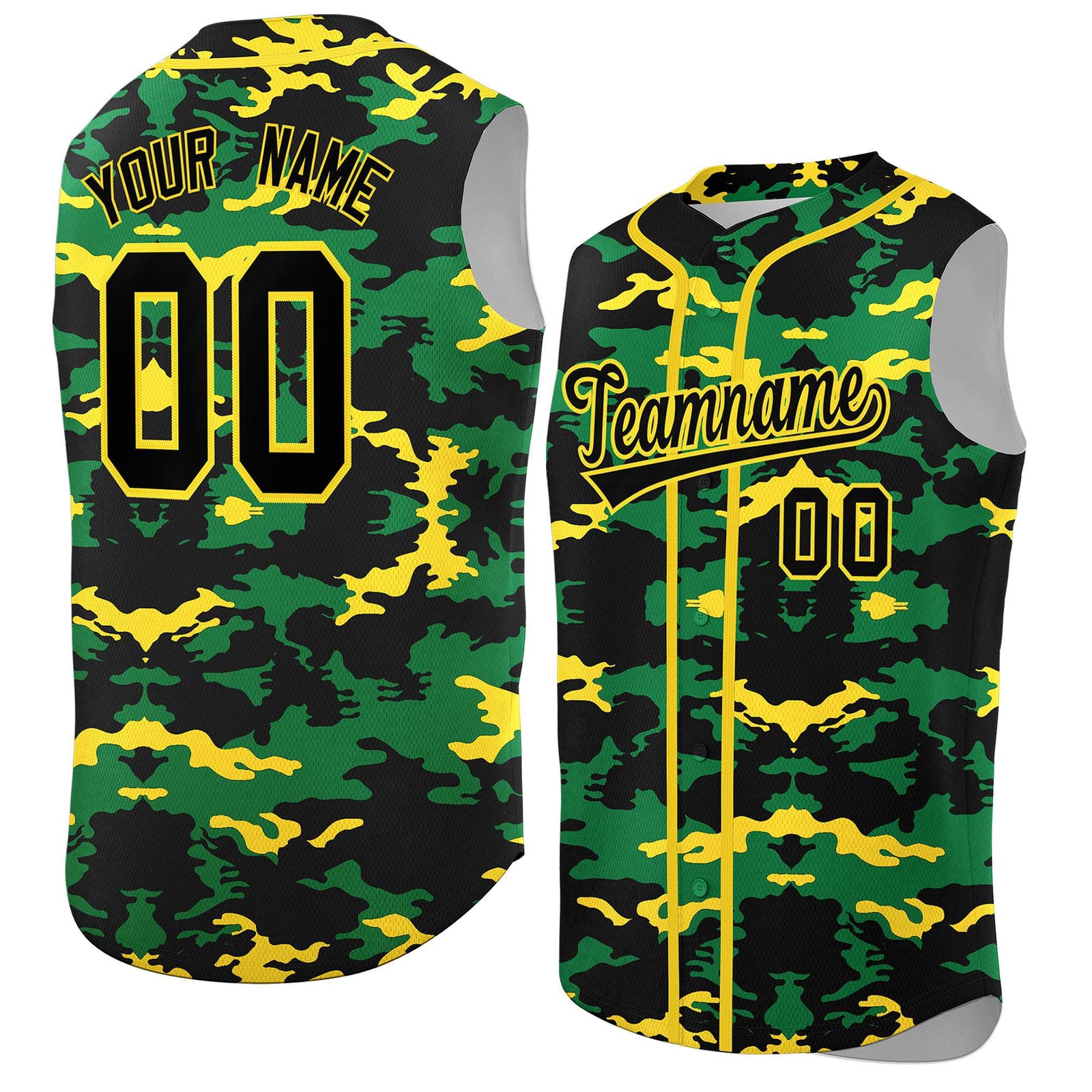 Custom Black Kelly Green and Gold Camo Fashion Authentic Sleeveless Baseball Jersey