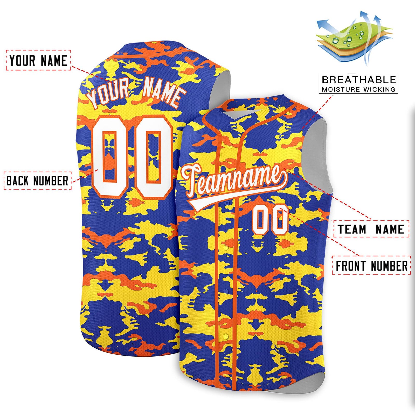 Custom Royal Gold and Orange Camo Fashion Authentic Sleeveless Baseball Jersey