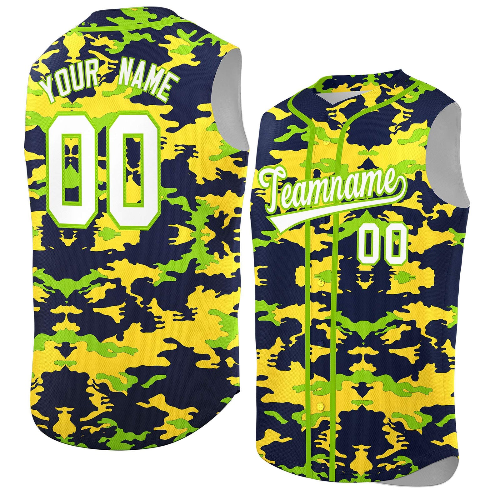 Custom Navy Gold and Neon Green Camo Fashion Authentic Sleeveless Baseball Jersey