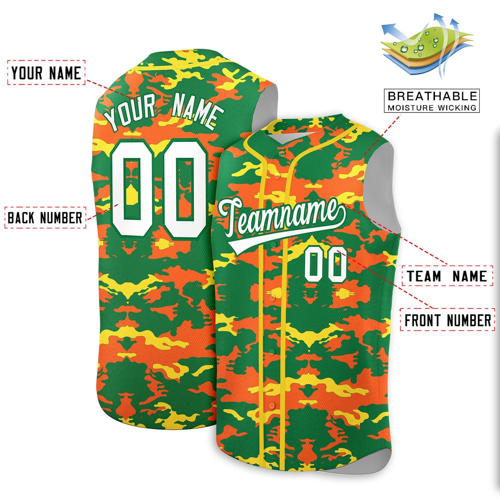 Custom Kelly Green Orange and Gold Camo Fashion Authentic Sleeveless Baseball Jersey