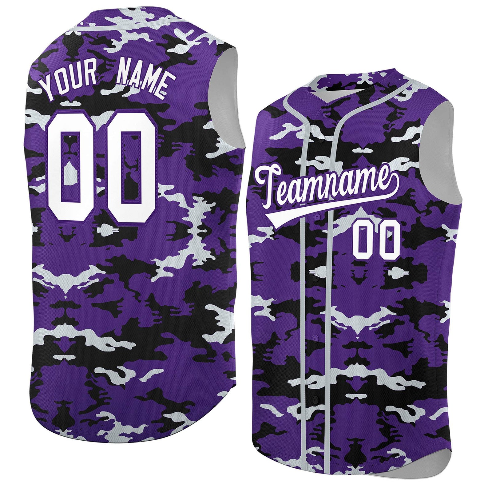 Custom Purple Black and Silver Camo Fashion Authentic Sleeveless Baseball Jersey