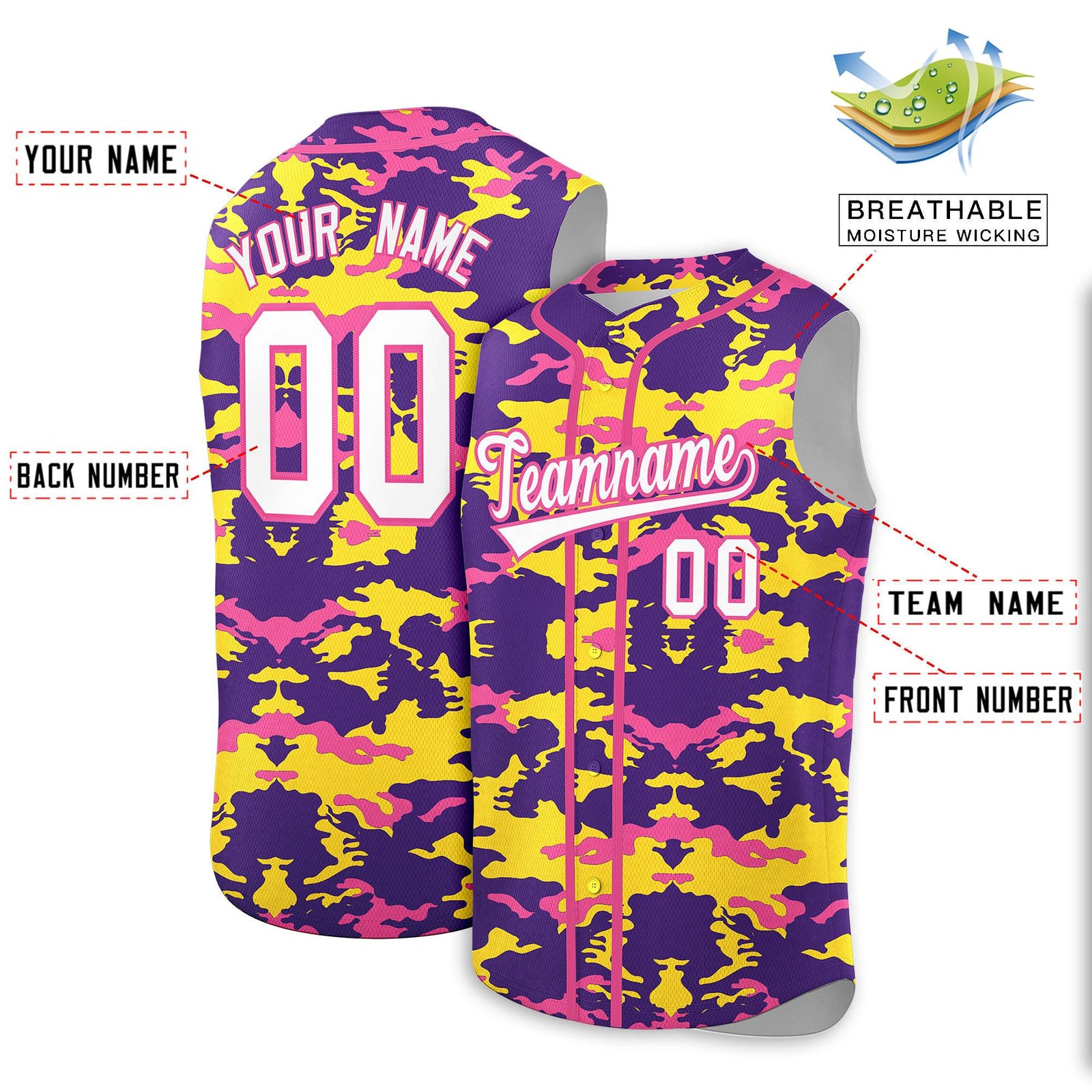 Custom Purple Gold and Pink Camo Fashion Authentic Sleeveless Baseball Jersey