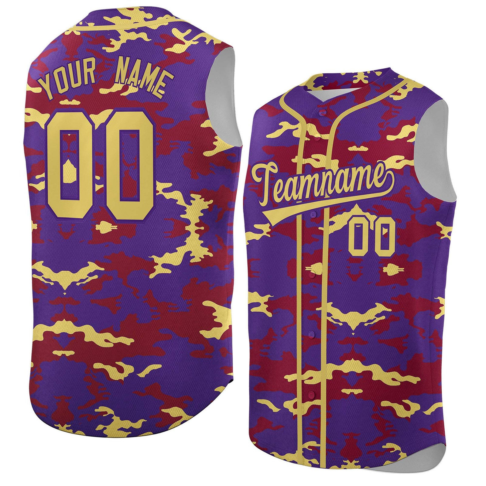 Custom Purple Crimson and Old Gold Camo Fashion Authentic Sleeveless Baseball Jersey
