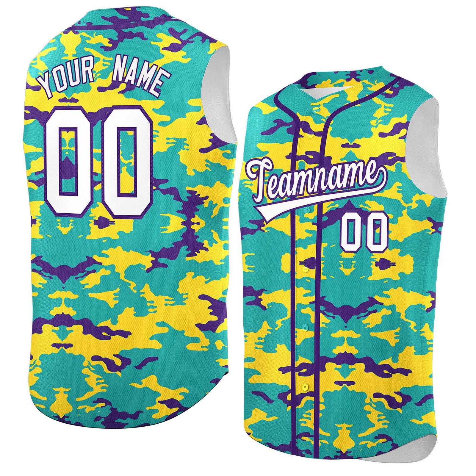Custom Bright Green Gold and Purple Camo Fashion Authentic Sleeveless Baseball Jersey