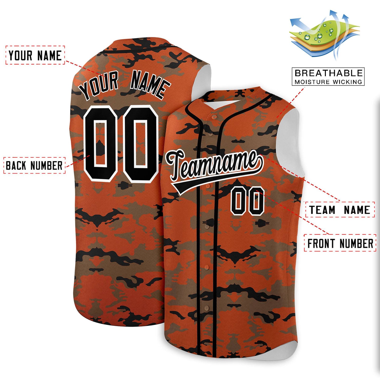 Custom Texas Orange Light Brown and Black Camo Fashion Authentic Sleeveless Baseball Jersey