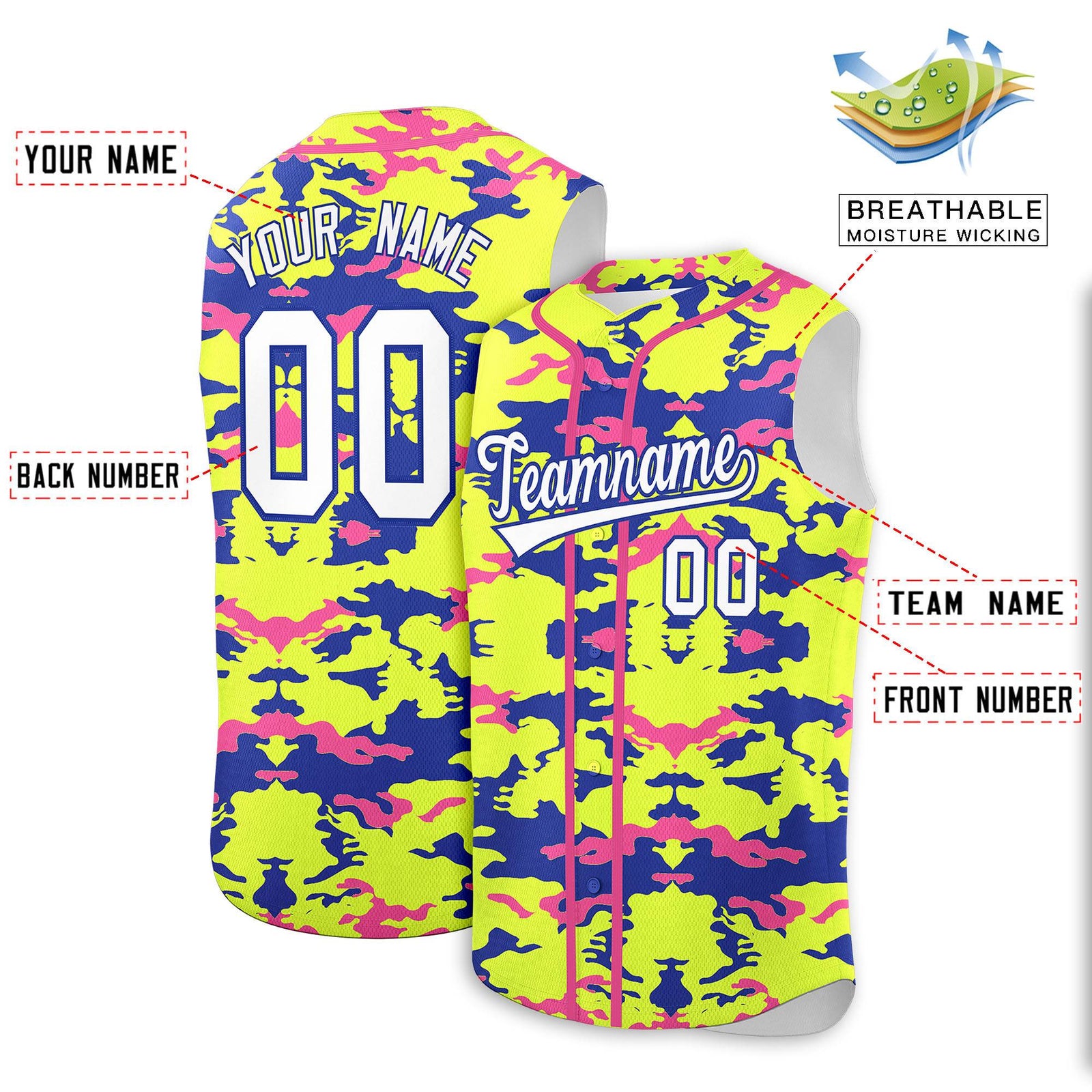 Custom Fluorescent Green Royal and Pink Camo Fashion Authentic Sleeveless Baseball Jersey