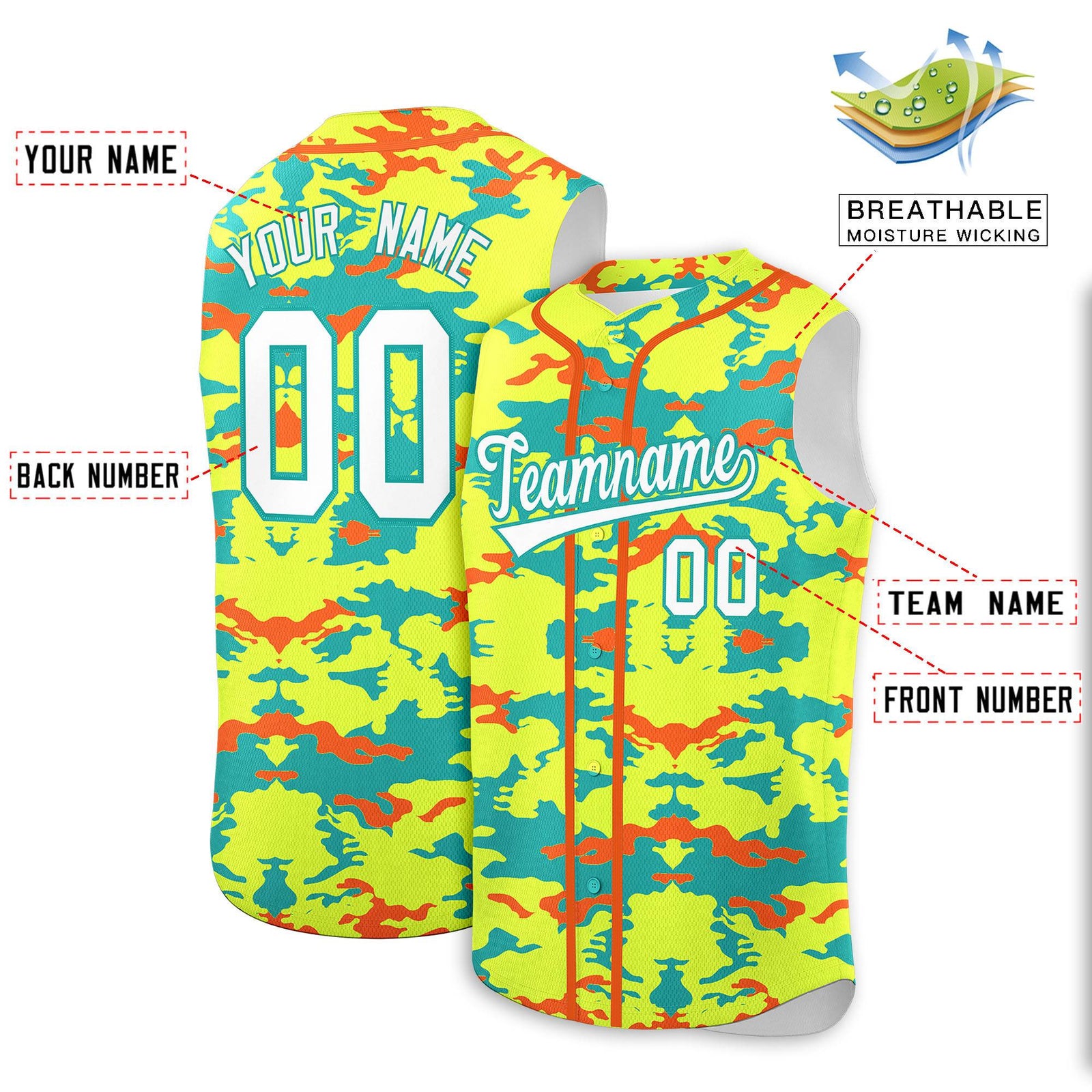 Custom Fluorescent Green Aqua and Orange Camo Fashion Authentic Sleeveless Baseball Jersey