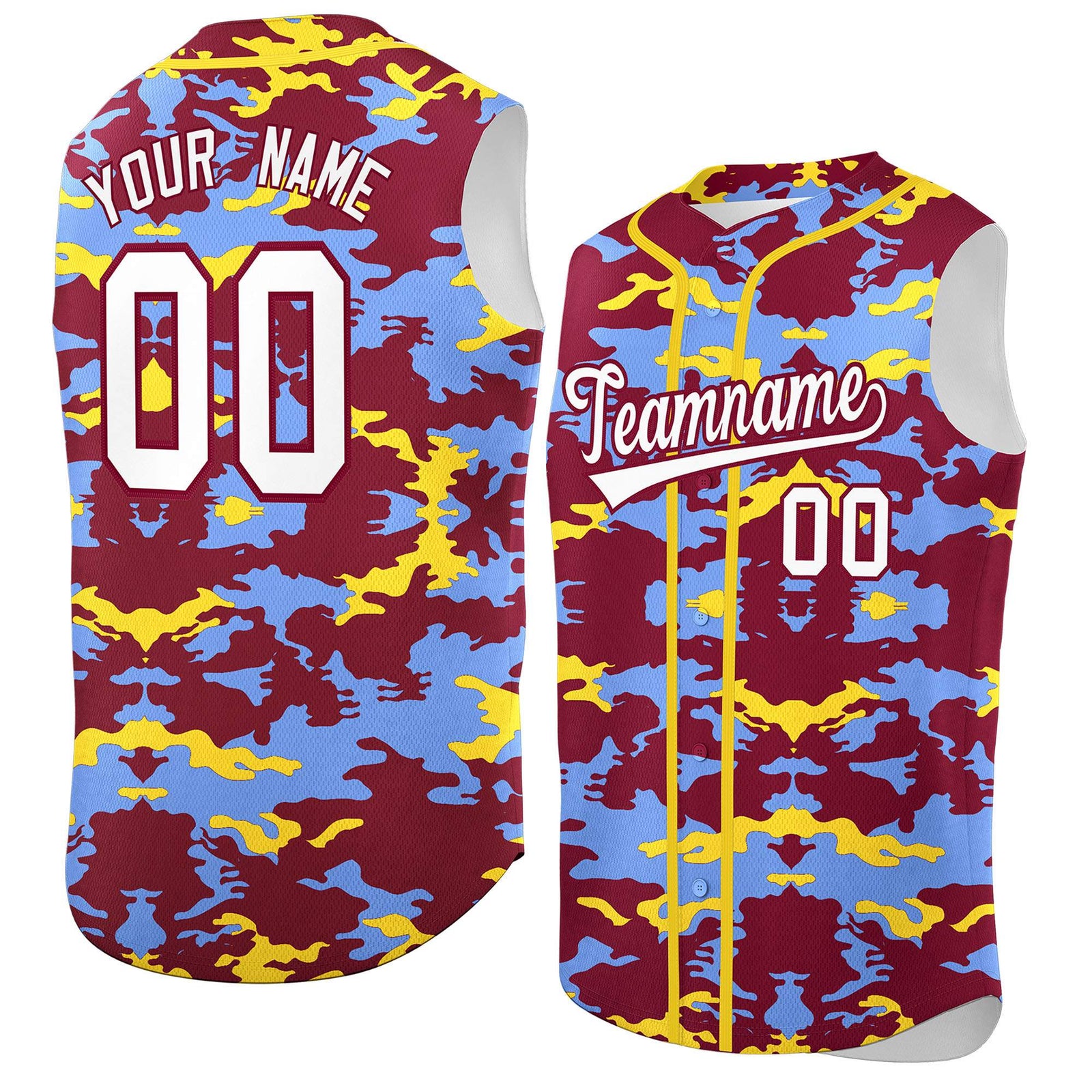 Custom Crimson Light Blue and Gold Camo Fashion Authentic Sleeveless Baseball Jersey