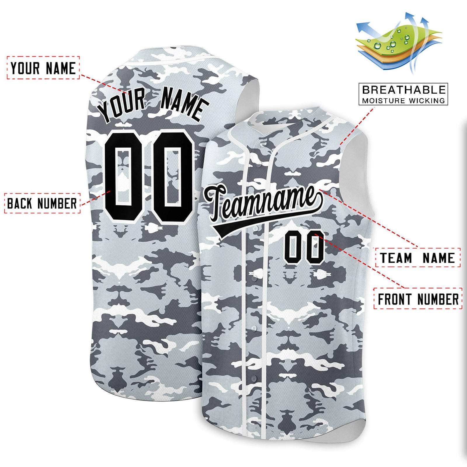 Custom Silver Gray and White Camo Fashion Authentic Sleeveless Baseball Jersey