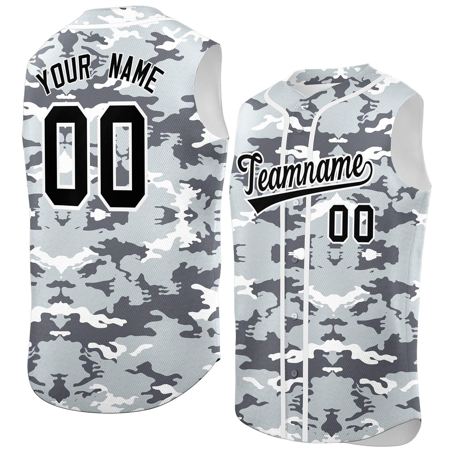 Custom Silver Gray and White Camo Fashion Authentic Sleeveless Baseball Jersey