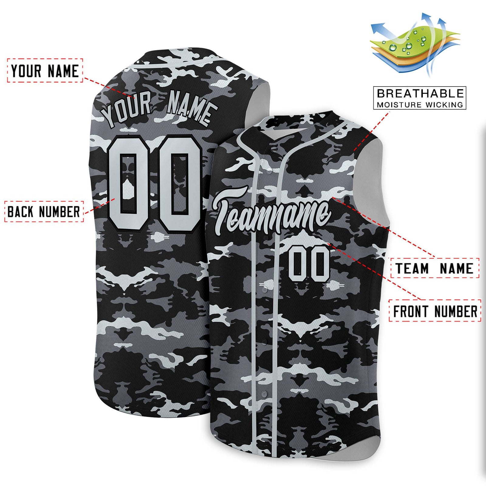 Custom Black Gray and Silver Camo Fashion Authentic Sleeveless Baseball Jersey