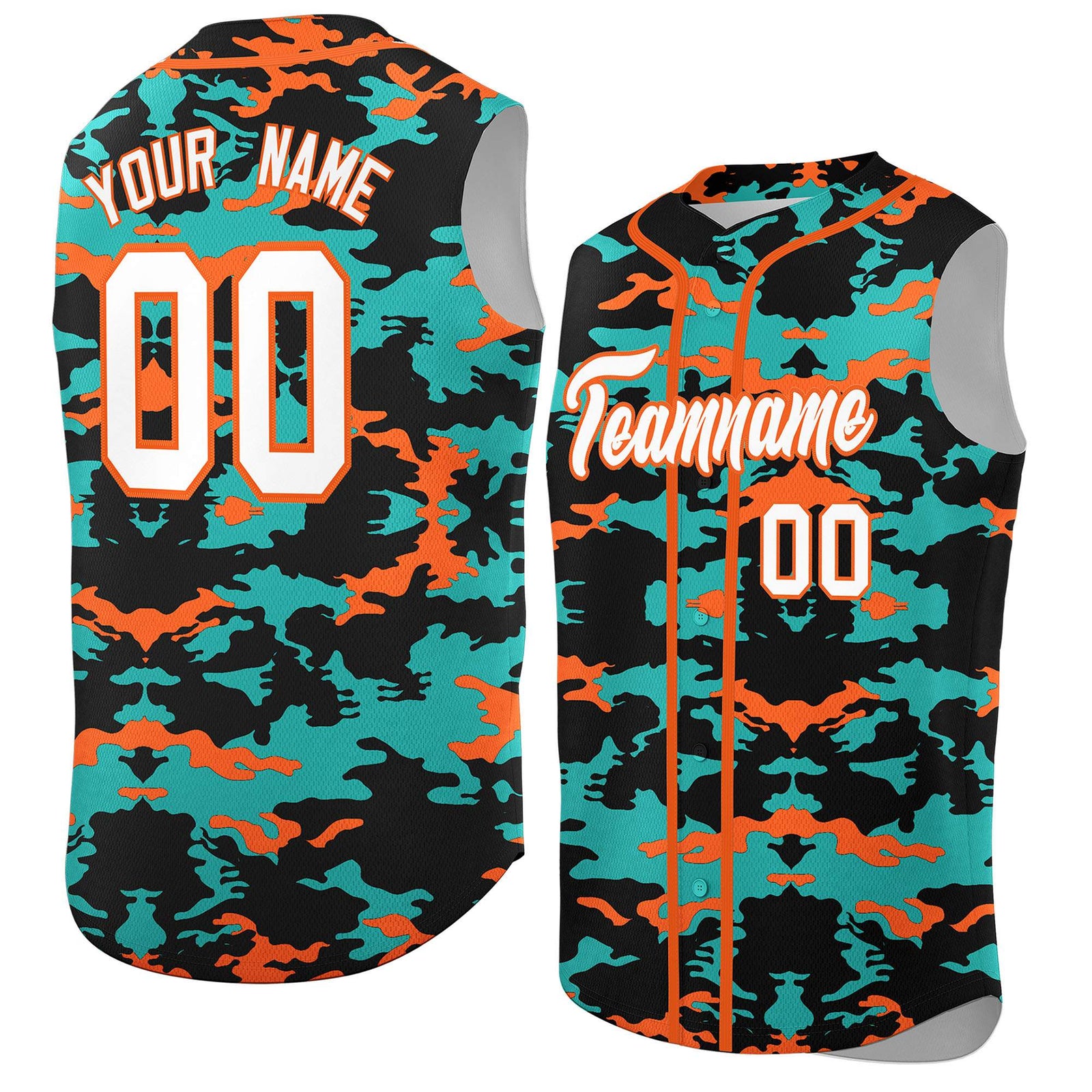 Custom Black Aqua and Orange Camo Fashion Authentic Sleeveless Baseball Jersey