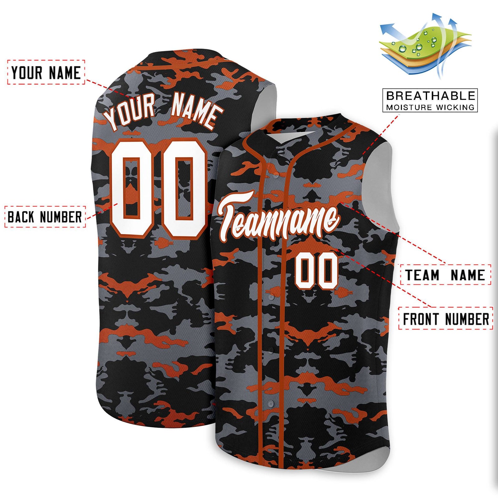 Custom Black Gray and Texas Orange Camo Fashion Authentic Sleeveless Baseball Jersey