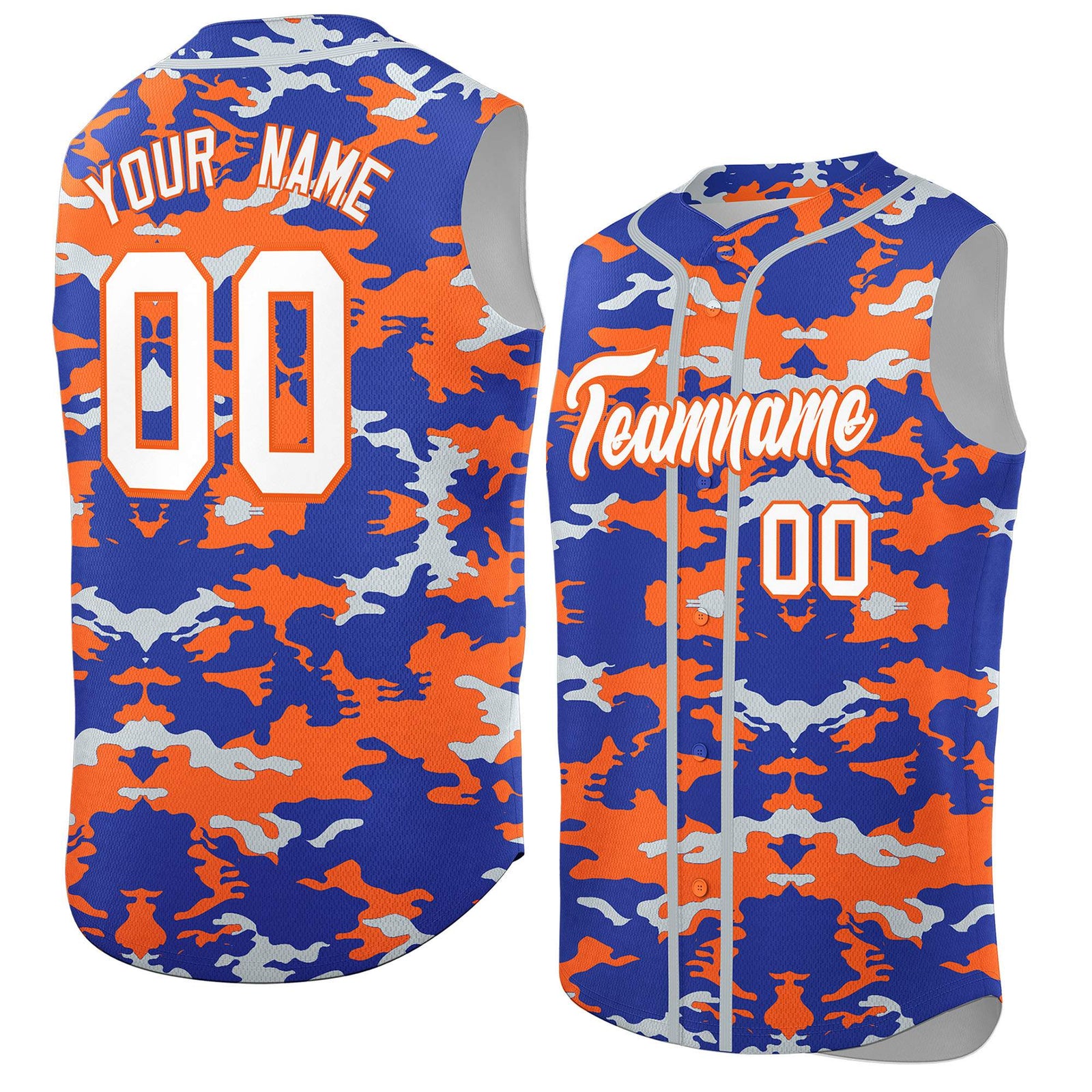 Custom Royal Orange and Silver Camo Fashion Authentic Sleeveless Baseball Jersey