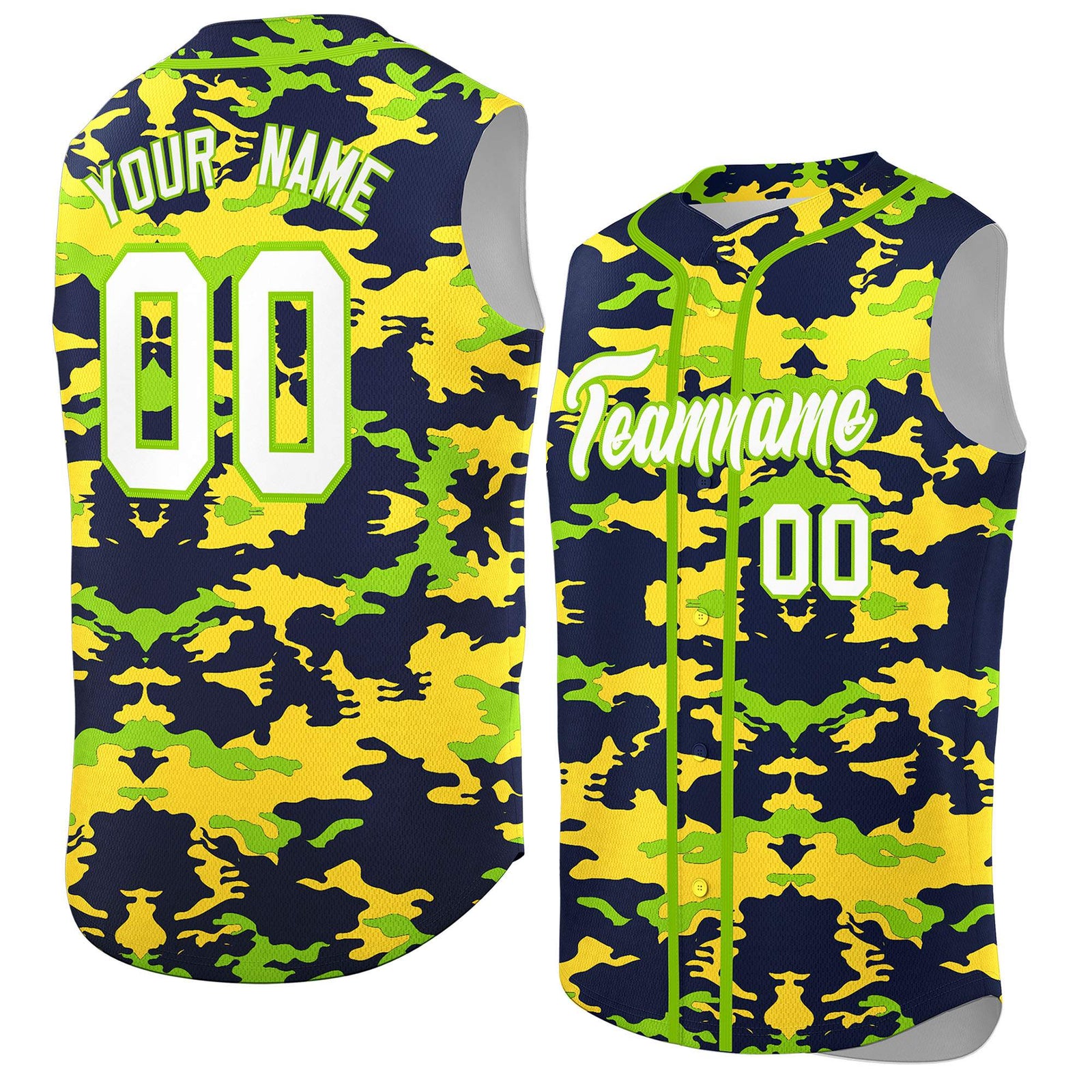 Custom Navy Gold and Neon Green Camo Fashion Authentic Sleeveless Baseball Jersey