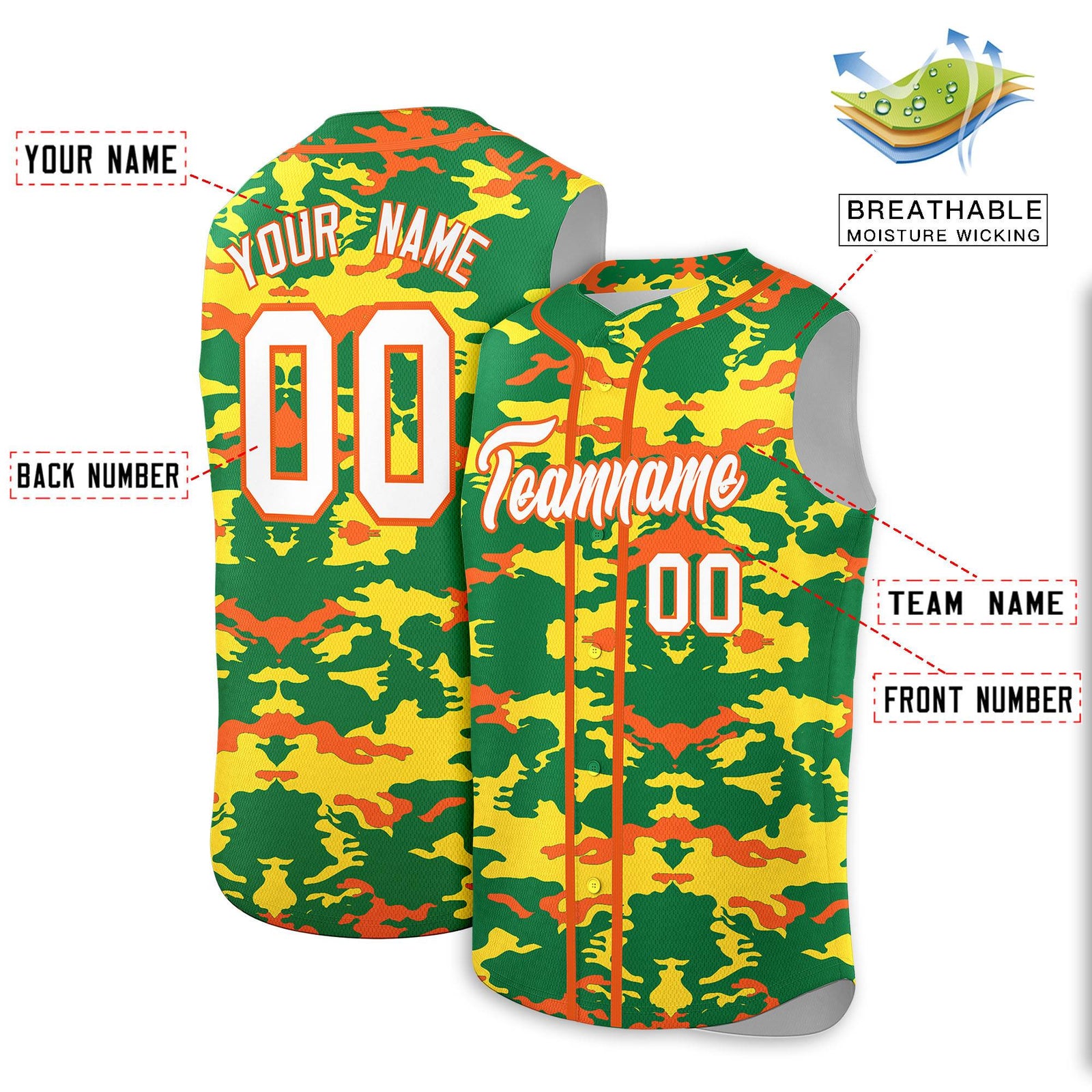 Custom Kelly Green Gold and Orange Camo Fashion Authentic Sleeveless Baseball Jersey