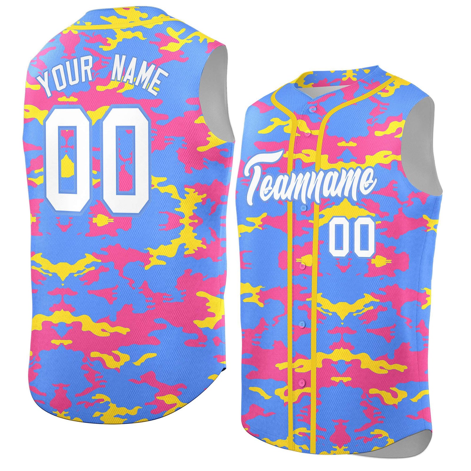 Custom Powder Blue Pink and Gold Camo Fashion Authentic Sleeveless Baseball Jersey