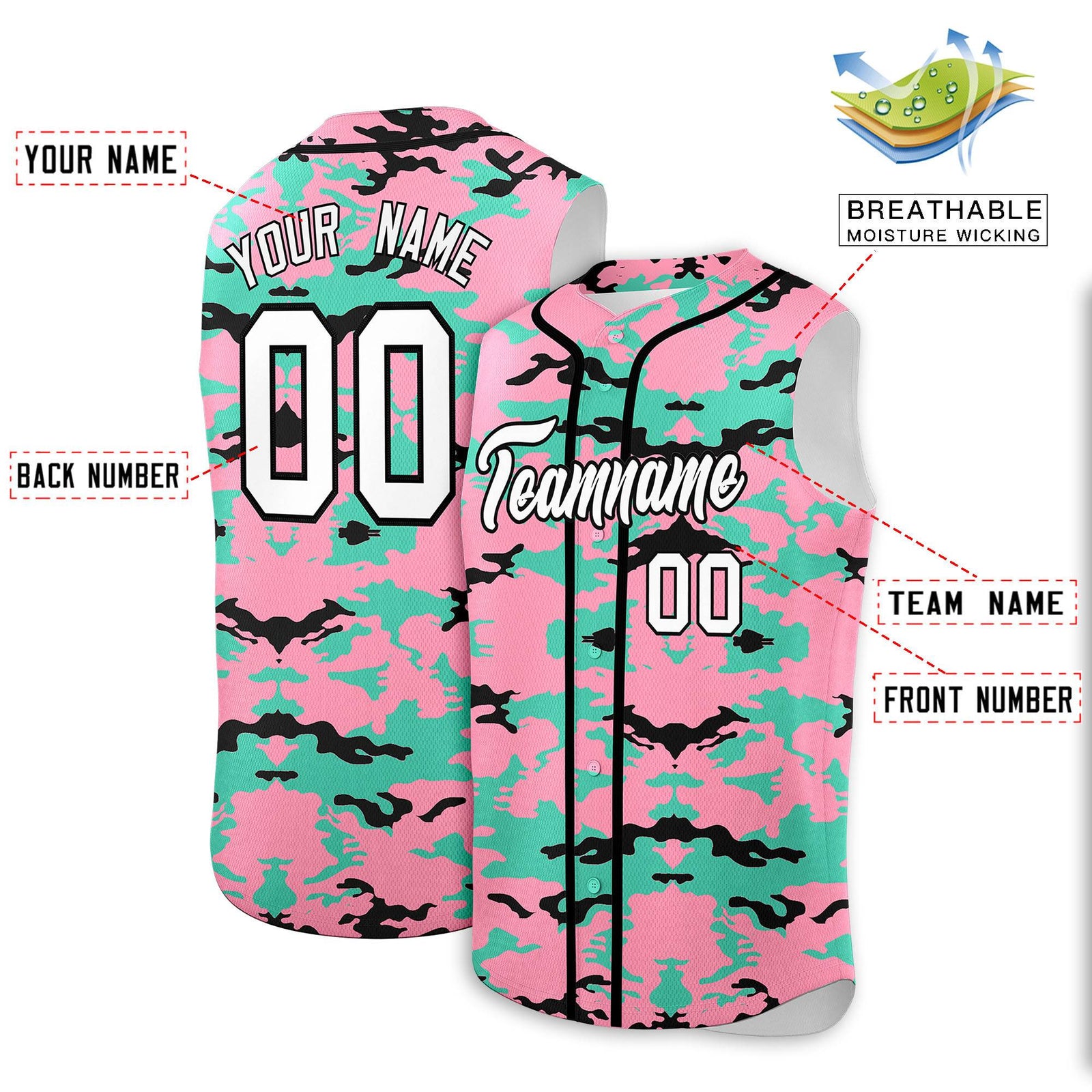 Custom Light Pink Bright Green and Black Camo Fashion Authentic Sleeveless Baseball Jersey