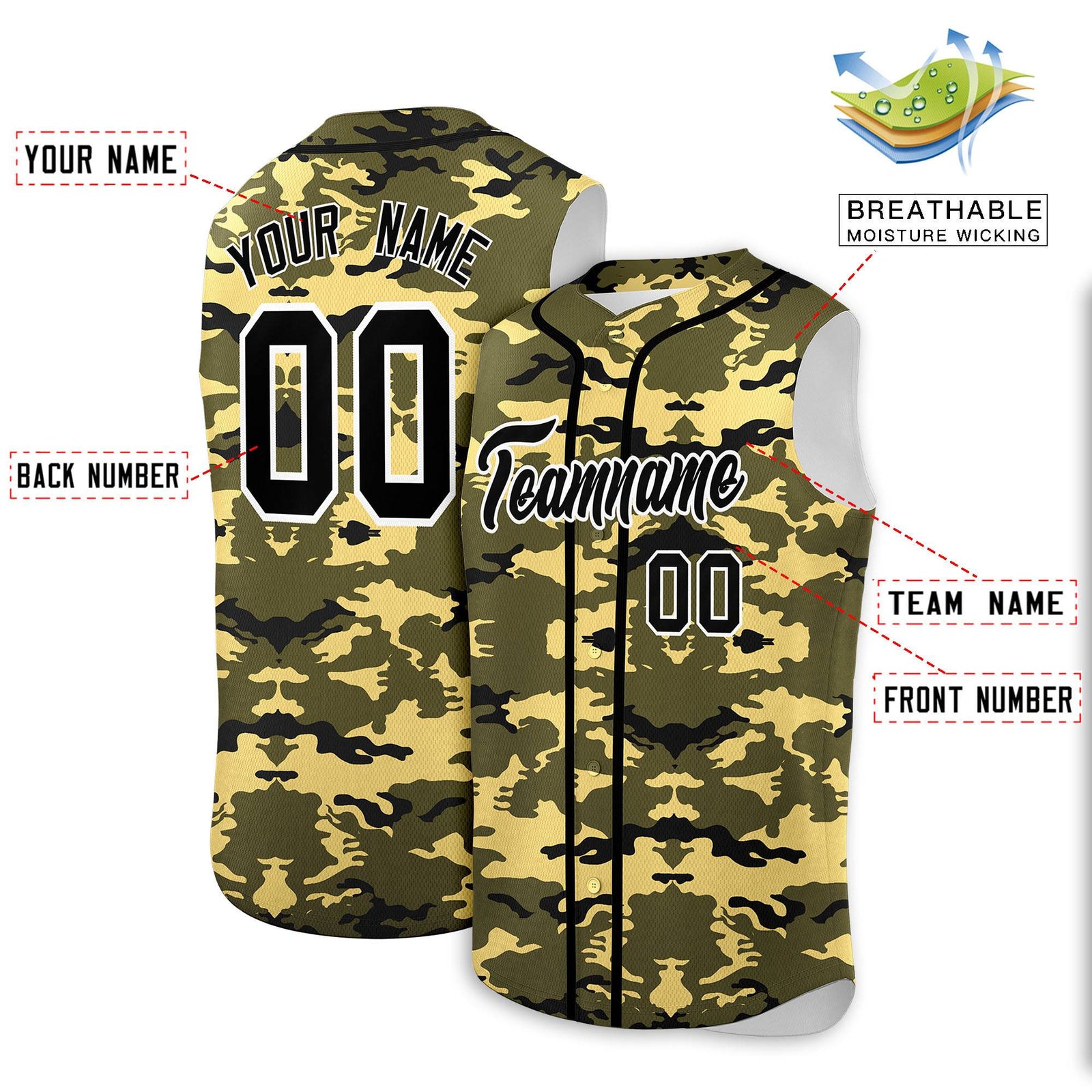 Custom Olive Khaki and Black Camo Fashion Authentic Sleeveless Baseball Jersey