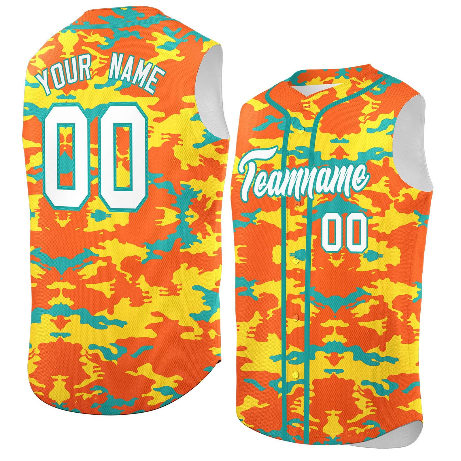 Custom Orange Gold and Aqua Camo Fashion Authentic Sleeveless Baseball Jersey